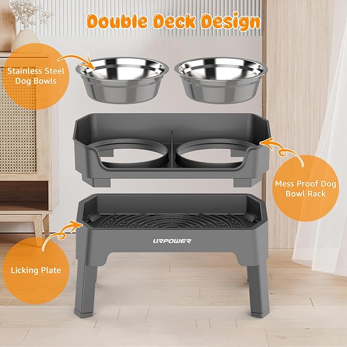 URPOWER 3-in-1 Elevated Dog Bowls - Mess Proof Double Deck 4 Height Adjustable Raised Stand with 2 Stainless Steel Food Bowls & Licking Plate for Small, Medium & Large Dogs