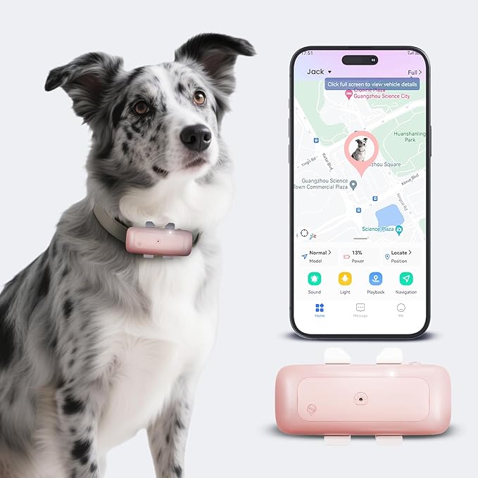 TSK Cat Dog GPS Tracker Smart Waterproof Tracker with Real-Time Location Escape Alerts Activity Monitor for Dogs Cats 6.5lbs+ Pink