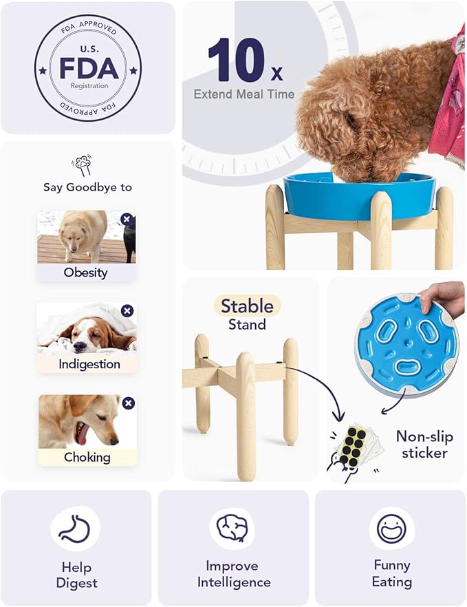 LE TAUCI Ceramic Slow Feeder Dog Bowl Elevated for Small and Medium Breed, With Wooden Stand, 1.5 Cups to Slow Down Eating, Anti-Gulping Pet Feeding Dish, Vortex Blue