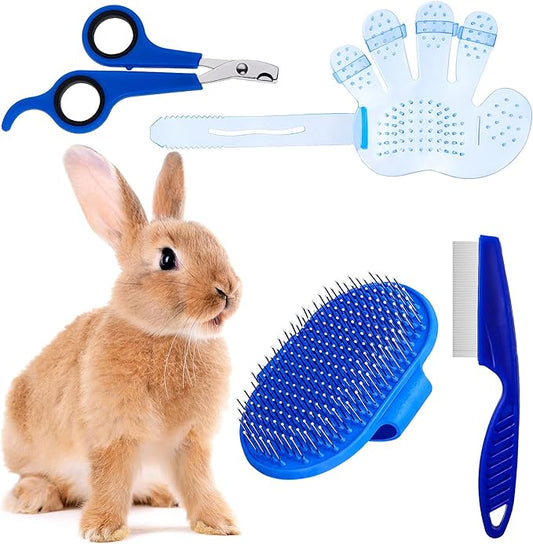 4 Pieces Bunny Grooming Kit: Brush, Hair Remover, Nail Clipper, Shampoo Brush with Adjustable Ring Handle for Rabbits, Hamsters (Blue)