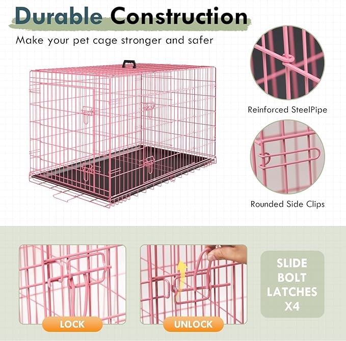 PayLessHere Large Dog Crate Kennel for Medium Large Dogs 36 inches Metal Dog Cage Double-Door Folding Travel Indoor Outdoor Puppy Playpen with Divider and Handle Plastic Tray,Pink