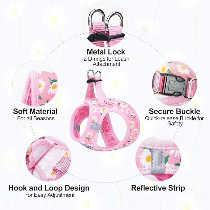 BEAUTYZOO Step in Dog Harness and Leash Set,Floral Pattern Reflective Dog Harness No Pull No Choke Puppy Harness for Small Medium Large Dogs Cats,Soft Padded Mesh Vest Harnesses for Girl and Boy Pets
