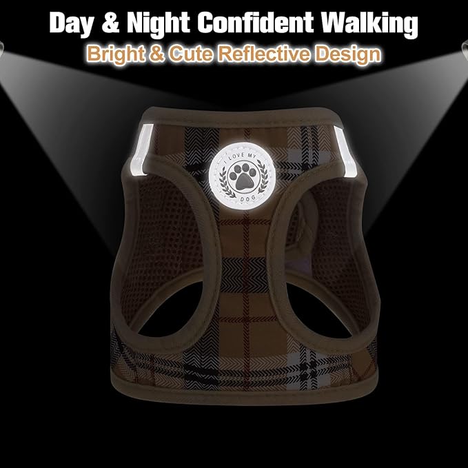 BEAUTYZOO Small Dog Harness and Leash Set,Step in No Chock No Pull Soft Mesh Dog Harnesses Reflective for Extra-Small/Small Medium Puppy Dogs and Cats, Plaid Dog Vest Harness for XS S Pets, Beige XL