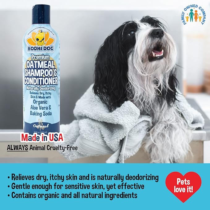 Bodhi Dog Grooming Bundle - Oatmeal Shampoo & Conditioner with Bath Brush - Pet Shower Supplies for Cats & Dogs - Gentle Care for Long, Short & Curly Hair, Safe and Effective, Made in USA
