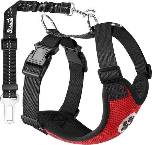 SlowTon Dog Seat Belt Harness for Car, Dog Car Harness Adjustable Mesh Breathable & Dog Seatbelt Safety Tether with Elastic Bungee for Small Medium Large Pets(Red, Single Clip, L)
