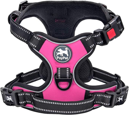 PoyPet Dog Harness No Pull, Reflective Adjustable No Choke Pet Vest with Front & Back Clips, Soft Padded and Control Training Handle for Large Dogs(Pink,XL)