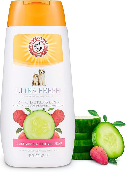Arm & Hammer Ultra Fresh 2-in-1 Detangling Shampoo and Conditioner, Cucumber & Pear Scent - Dog Wash with Coconut Oil, Baking Soda for Odor Control, Pet Grooming Supplies, 16 Fl Oz