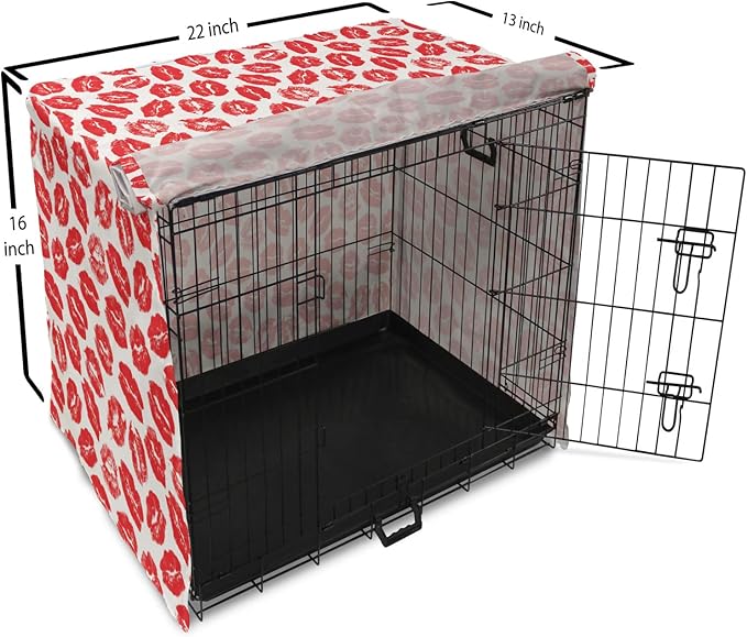 Lunarable Kiss Dog Crate Cover, Rhythmic Make up Red Luscious Lips Lipstick Imprint Illustration, Easy to Use Pet Kennel Cover for Small Dogs Puppies Kittens, 22 Inch, Dark Pink and White
