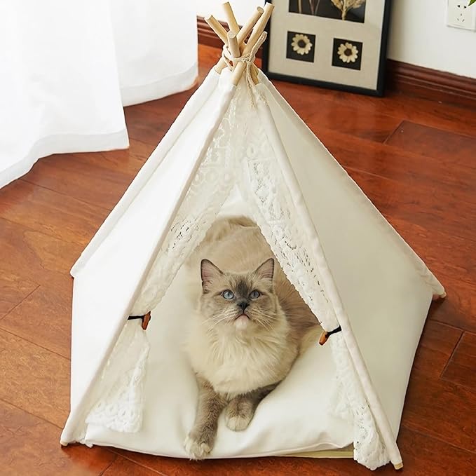 Dog and Cat Teepee Tent Bed - Portable Indoor Pet House for Small Dogs With Cozy Cushion - Removable & Washable - Bunny Tent Outdoor (White Lace, M)