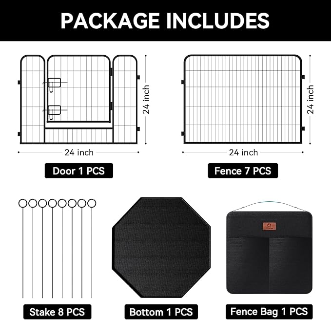 PJYuCien Dog Playpen Plus Storage Bag for Camping, 24" H Portable Dog Pen with Extra Hard Bottom， Heavy Duty Puppy Playpen for Puppies/Small Dogs, 8 Panels