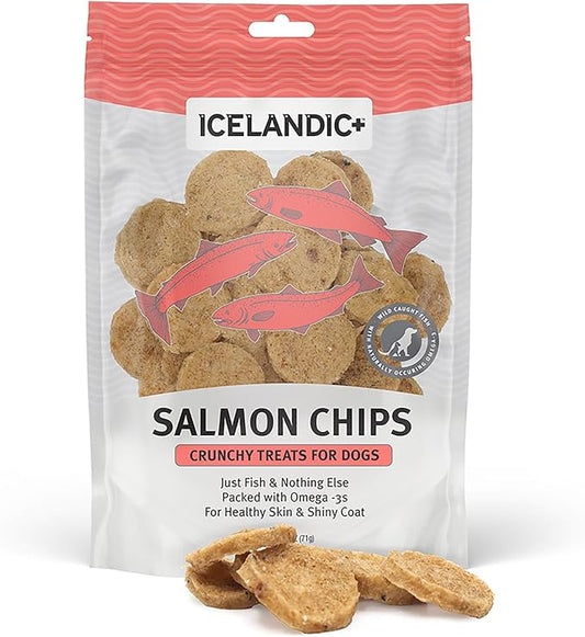 Icelandic+ Fish Chips: Salmon 2.5oz - Dog Treats, for Medium-Large Dogs, Natural 2 Ingredient Air-Dried Crunchy Treats