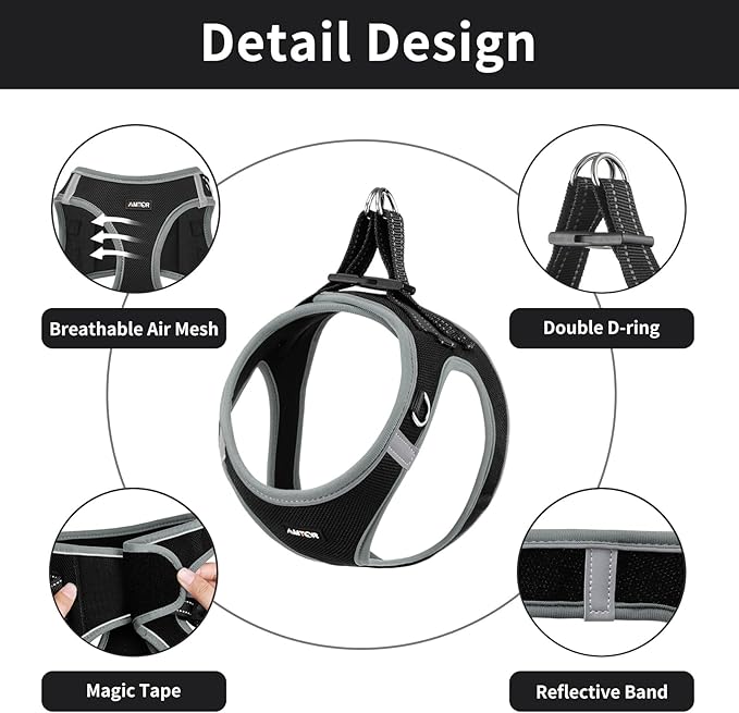 AMTOR Small Dog Harness with Leash Set, No Escape Easy Walk Puppy Harnesses for Training Walking, Step-in Reflective Soft Dogs Vest for XS S Medium Extra-Small Large Sized Dog(Black/Grey)