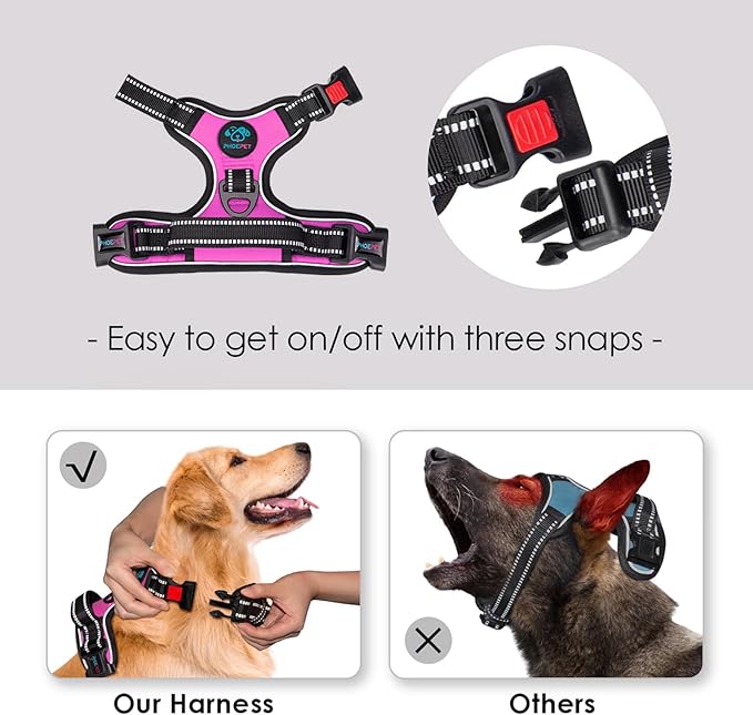 PHOEPET Reflective Dog Harness Large Breed Adjustable No Pull Vest with Handle 2 Metal Rings 3 Buckles [Easy to Put on & Take Off](XL, Pink)