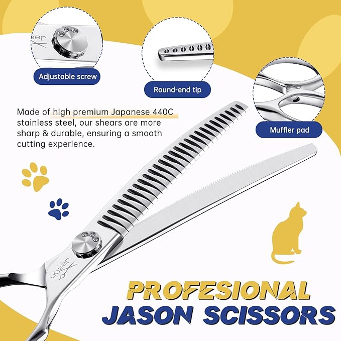 JASON 7" Curved Chunker Dog Scissors - Ergonomic Pet Scissors Silver Curved Dog Shears 440C Stainless Steel Grooming Shears Professional Pet Shears For Groomer (28-Teeth, Down-curved)