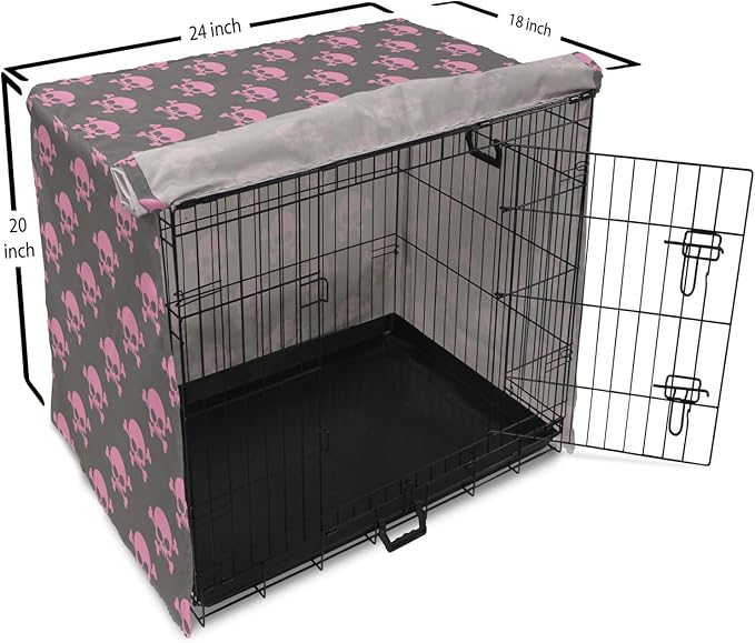 Lunarable Skull Dog Crate Cover, Vivid Pirate on Pale Background Head of a Skeleton and Bones Halloween Themed, Easy to Use Pet Kennel Cover for Cats & Medium Dogs, 24 Inch, Pink Taupe