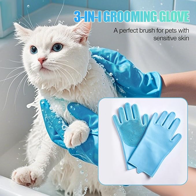 4-Piece Rubber Pet Grooming Kit for Dogs and Cats - Gentle Deshedding Brush & Massage Gloves, Suitable for Short & Long Hair, Bathing and Shedding Tool（3 * Blue+Green）