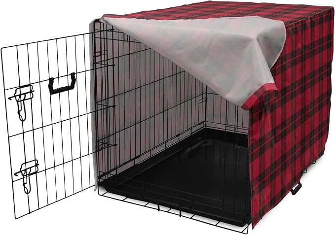 Lunarable Plaid Dog Crate Cover, Geometrical Scottish Ornament Folkloric Celtic Fashion Elements, Easy to Use Pet Kennel Cover for Cats & Medium Dogs, 30 Inch, Coral Vermilion