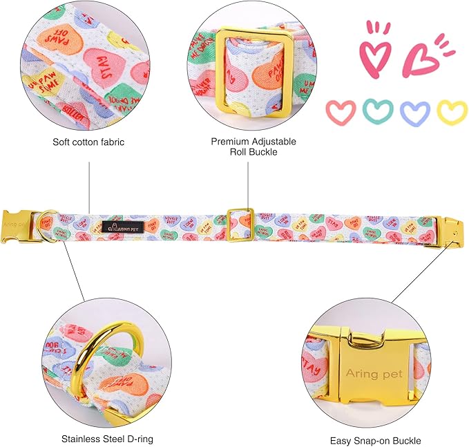 ARING PET Valentine's Day Dog Collar-Cute Dog Collar with Felt Flower, Adjustable Cotton Heart Dog Collars Pet Collars with Metal Buckle