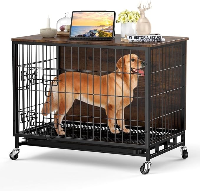 Dog Crate Furniture, 27" Dog Kennel End Table, Wooden Dog Cage with Wheels & Double Doors, Dog Crate Indoor Dog House for Large Medium Dogs, Rustic Brown