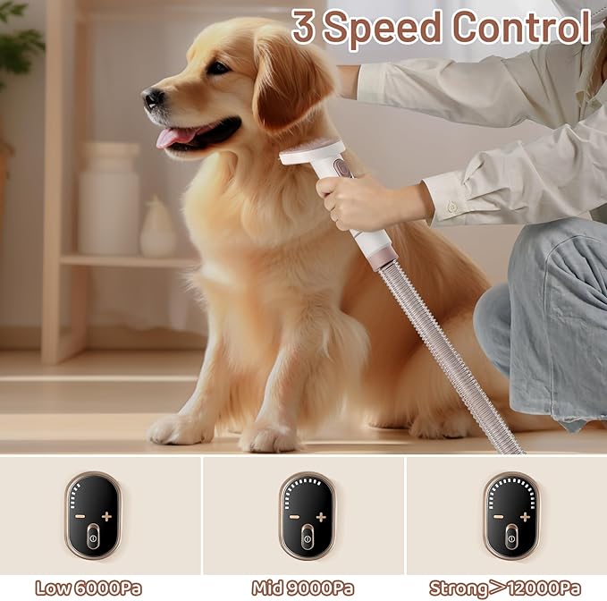 3.2L Dog Grooming Kit & Vacuum Suction, 3 Level Pet Hair Vacuum Groomer with Clippers for Thick Coats, 6 Shedding Grooming Tools for Dogs Cats