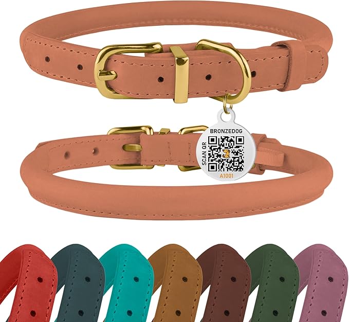 BRONZEDOG Rolled Leather Dog Collar with QR ID Tag Adjustable Soft Round Collars for Small Medium Large Dogs Puppy Cat (9" - 11" Neck Size, Peach)
