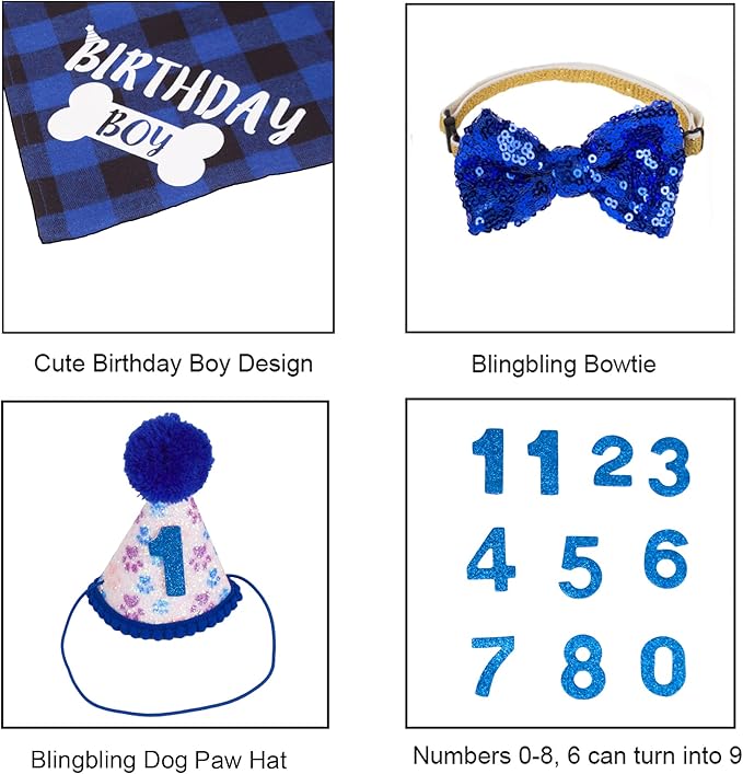 ADOGGYGO Dog Birthday Party Supplies, Pet Party Hat with Numbers, Bow, Blue Plaid Birthday Boy Bandana for Medium Large Dogs (Large)