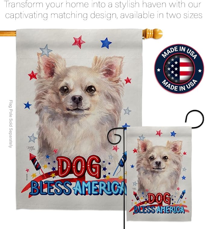 Breeze Decor Patriotic White Chihuahua Garden House Flag-Kit Dog Puppy Spoiled Paw Canine Fur Pet Nature Farm Animal Creature Decoration Banner Small Yard Gift Double-Sided, Made in USA