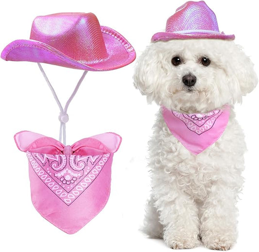 Pet Cowboy Costume Set Neon Sparkly Glitter Space Dog Cat Cowboy Hat Cap Bandana Scarf for Puppy Kitten Halloween Western Cosplay Party (Pink, Medium)