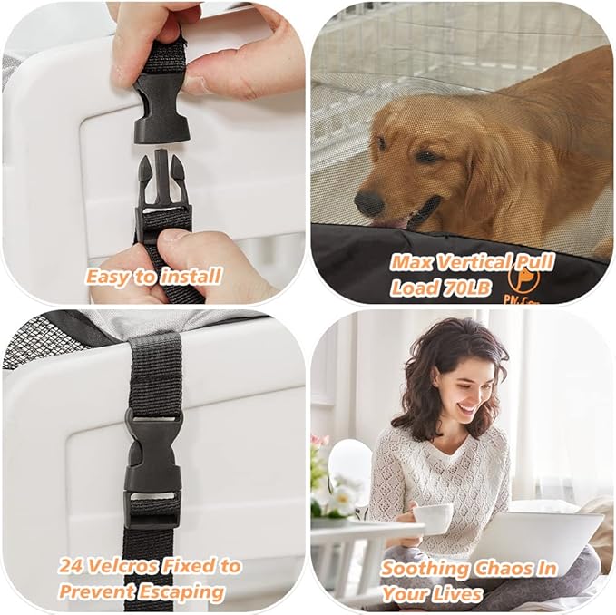 PJYuCien Dog Playpen Mesh Top Cover, Fits 36 Inch 6 Panels Regular Hexagonal Plastic Exercise Pet Pen, Telescopic Buckles Connections, Black (Note: Cover Only, Fence Not Included)