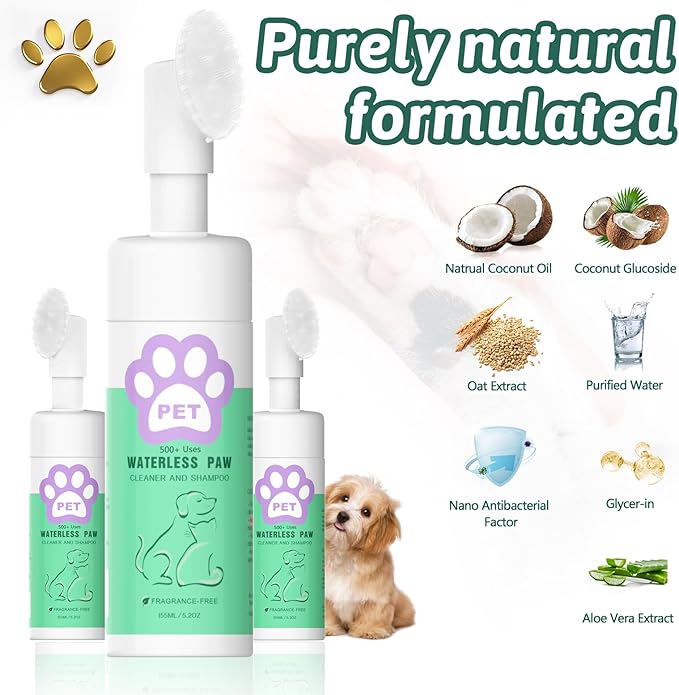Clean Paws, Dog Paw Cleaner, No-Rinse Foaming Cleanser Foam Fragrance-Free with Silicone Bristle Brush, Deep Clean Foot Cleaner Brush All Natural Pet Paw Quick Foaming Cleanser for Dogs and Cats