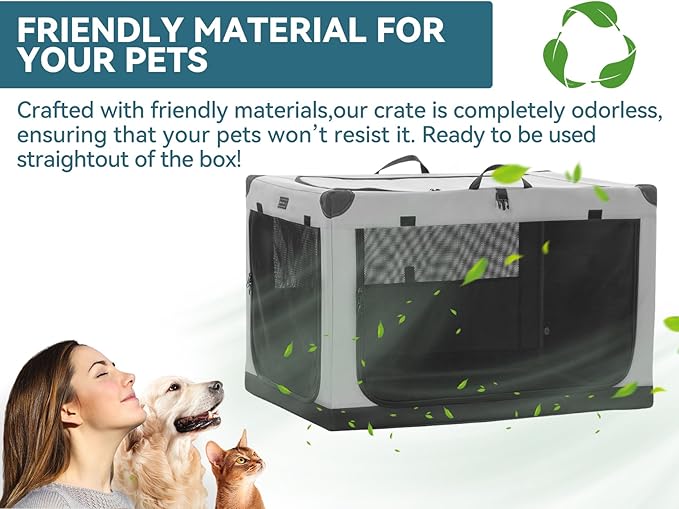 PETSFIT Soft Sided Dog Crate, with Patented Adjustable Fabric Cover, Chewproof & Lockable Mesh Doors, Waterproof Base Kennel Indoor Grey 36 Inch