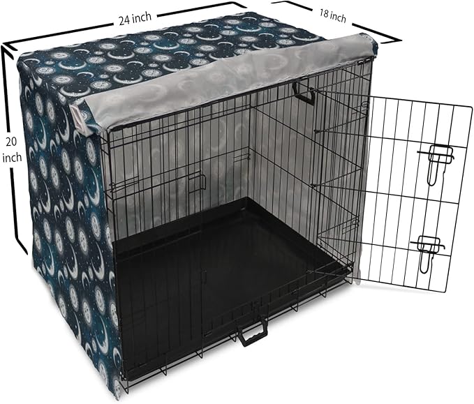 Ambesonne Sun and Moon Dog Crate Cover, Heavenly Bodies in Starry Night Sky Graphic Theme, Easy to Use Pet Kennel Cover for Cats & Medium Dogs, 24 Inch, Blue Grey