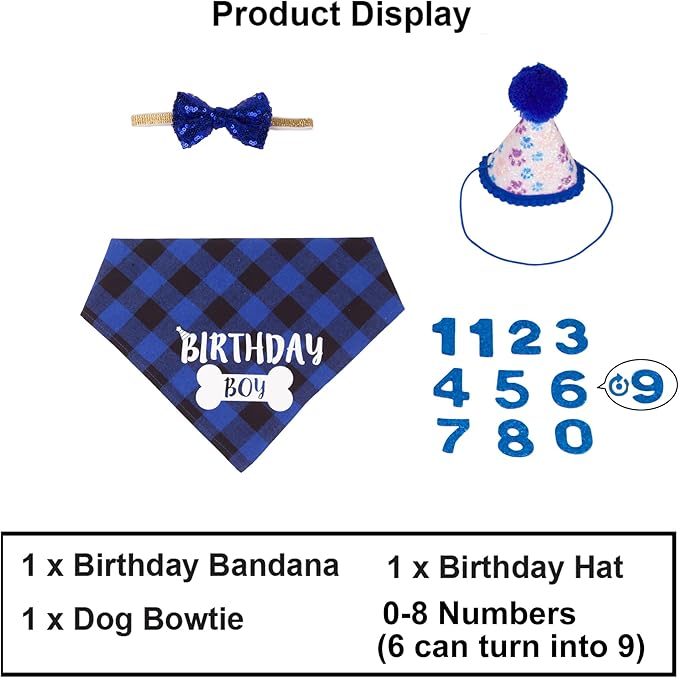 ADOGGYGO Dog Birthday Party Supplies, Pet Party Hat with Numbers, Bow, Blue Plaid Birthday Boy Bandana for Medium Large Dogs (Large)