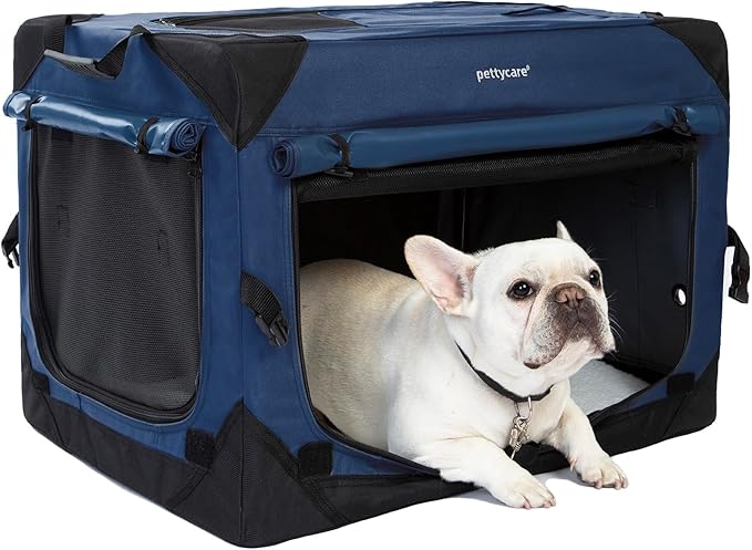 Pettycare 26 Inch Collapsible Dog Crate with Curtains Travel Dog Crate for Airflow and Calm Soft Pet Kennel with Portable Bag and More Chew Proof Mesh Indoor & Outdoor Navy Blue 4 Door Curtains