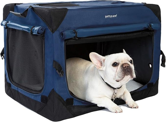 Pettycare 26 Inch Collapsible Dog Crate with Curtains Travel Dog Crate for Airflow and Calm Soft Pet Kennel with Portable Bag and More Chew Proof Mesh Indoor & Outdoor Navy Blue 4 Door Curtains