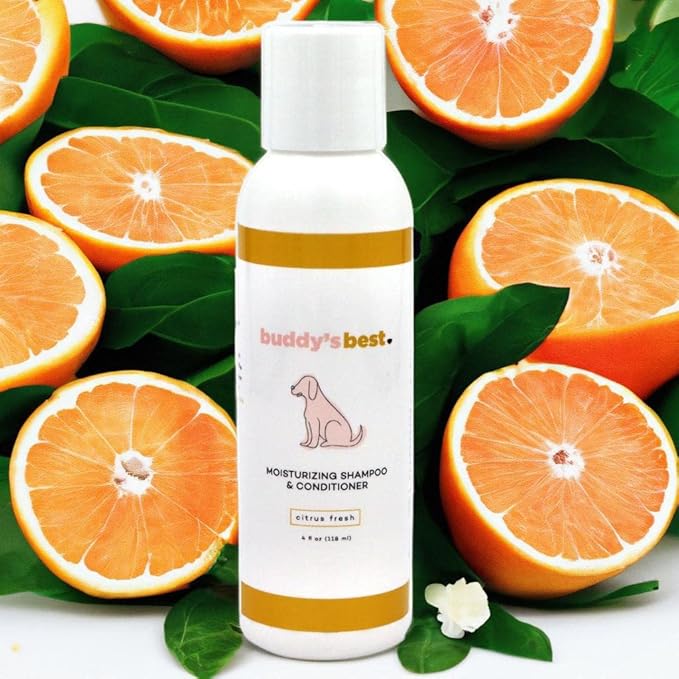 Buddy’s Best 4oz Travel-Size Dog Shampoo and Conditioner with Shea Butter, Oatmeal, Biotin, and Aloe Vera, Alcohol-Free Deep Moisturizer for Dry, Itchy Skin and Coats (Citrus Fresh)