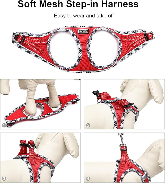 Mercano Soft Mesh Dog Harness and Leash Set, No-Chock Step-in Reflective Breathable Lightweight Easy Walk Escape Proof Vest Harnesses with Safety Buckle for Small Medium Dogs, Cats (Red, L)
