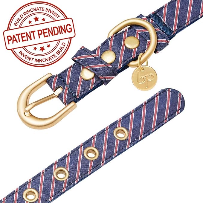 Blueberry Pet 2 Patterns Adjustable Dog Collar with Metal Buckle and 2 Detachable Bowtie - Blue Asymmetric Stripe, Neck 13-16.5", for Medium Breed