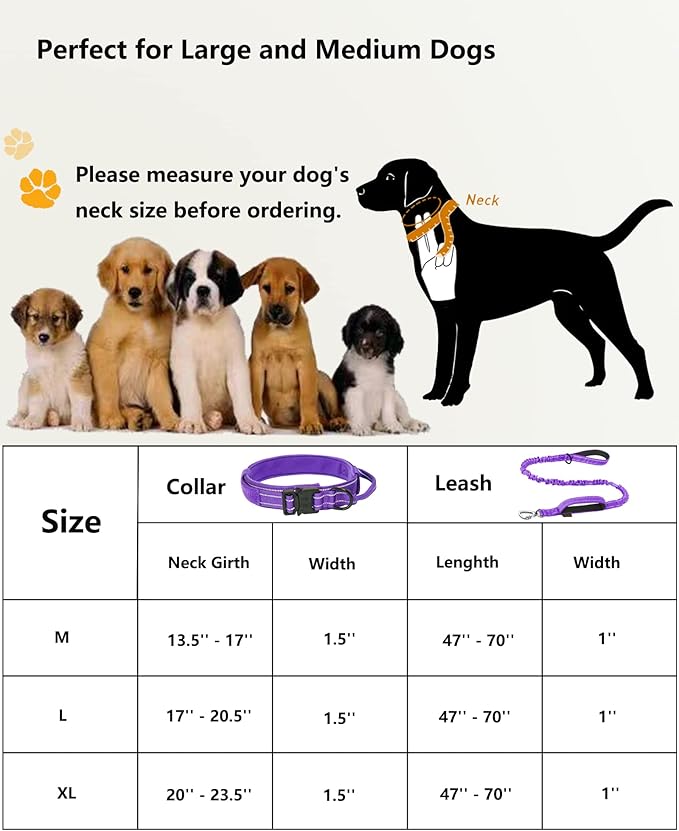 AUBELL Tactical Dog Collar and Leash Set, Adjustable Military Nylon Reflective Dog Leash and Collar with Handle and Heavy Metal Buckle for Medium Large Dogs, with Airtag Case and 2 Patches(Purple, M)