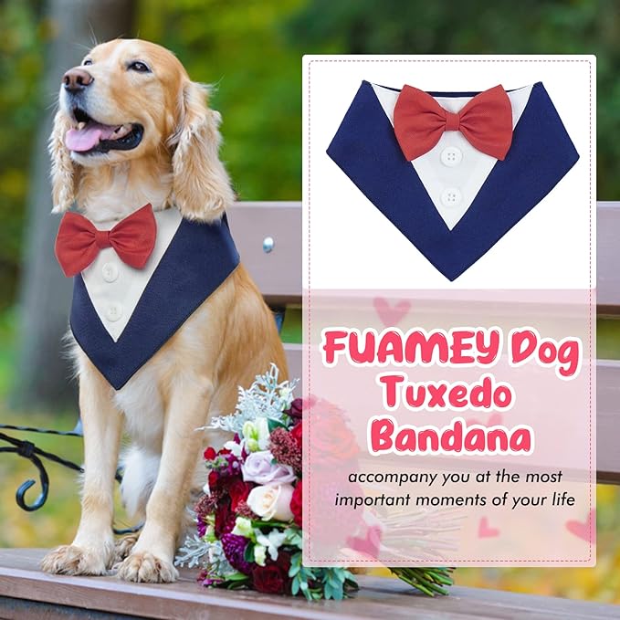 FUAMEY Dog Tuxedo,Formal Dog Wedding Bandana Dog Collar with Bow Tie Dog Birthday Costume Adjustable Pet Party Tux Dog Wedding Attire,Dog Valentines Outfit Cosplay for Small Medium Large Pets Blue M