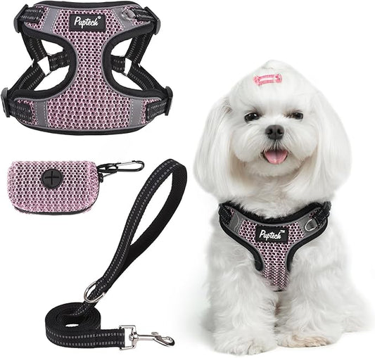 PUPTECK No Pull Dog Harness and Leash Set Reflective No Choke Step in Puppy Halter for XS Small and Medium Sized Dogs, LightPink, Breathable Mesh, S