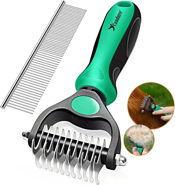 Candure Pet Friendly Double-Sided Dematting Undercoat Rake and Comb for Effective Hair Removal and Shedding Control in Dogs & Cats (Small, Green)