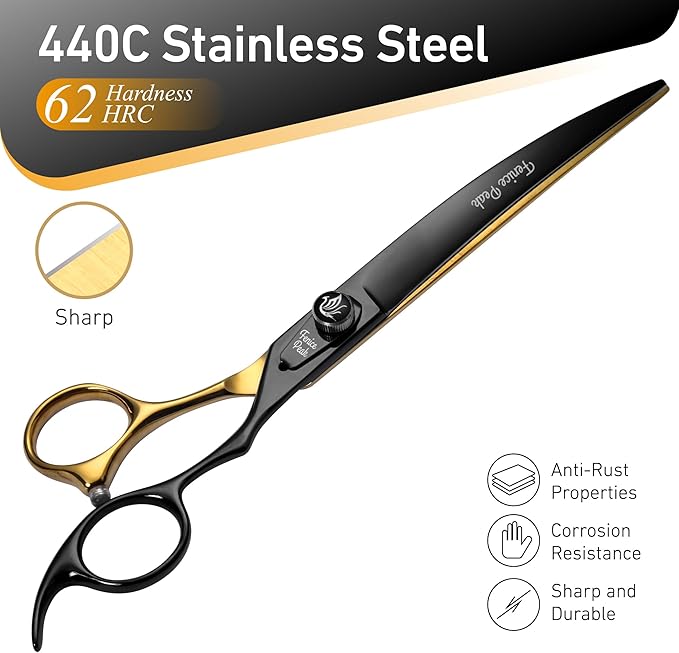 Fenice Peak 7'' Black Dog Grooming Scissors Goldern Curved Scissors with Ergonomic Offest Handle and Pattern Screw Pet Grooming Trimming Shears Durable and Sharp 440C