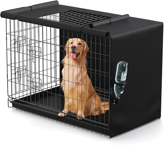 Dog Crate Cover - Privacy Kennel Cover Fits 36 inch Double Door Wire Crate, Heavy Duty 600D Oxford Fabric Dog Cage Cover with Top Window and Drinking Hole Design, Black, (Cover Only)