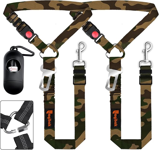 Removable Dog Seat Belts Harness for Car, 3 in 1 Pet Dog Car Seatbelt Leash, laqibak Restraint Secures to Headrest and Reflective Effect Adjustable Bungee Dog Seatbelt Tether, 2PCS and Poop Bag Holder