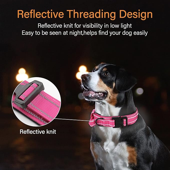 KCUCOP Tactical Dog Collar, Heavy Duty Dog Collar with Handle and Metal Buckle, Military Thick Dog Collars for Medium and Large Dogs(Pink-L-Reflective, 1 Patch)