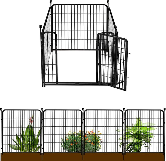 Garden Fence with Gate 36 in(H)×27 in(L) 4 Panels, Heavy Duty Iron Animal Barrier Fence, Rabbit Fence for Garden, Suitable for Indoor Pet Or Outdoor Dog Fencing, Total 8.9 Ft(L), Black