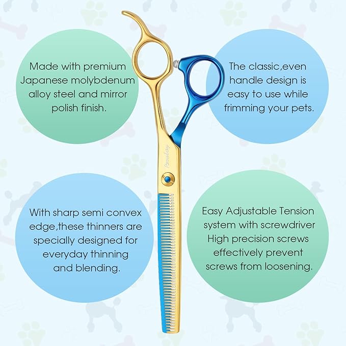 Dog Cat Scissors for Grooming, Pet Shears for Thick Coats and Matted Hair, Thinner Curved Straight Chunker Stainless Steel Shears