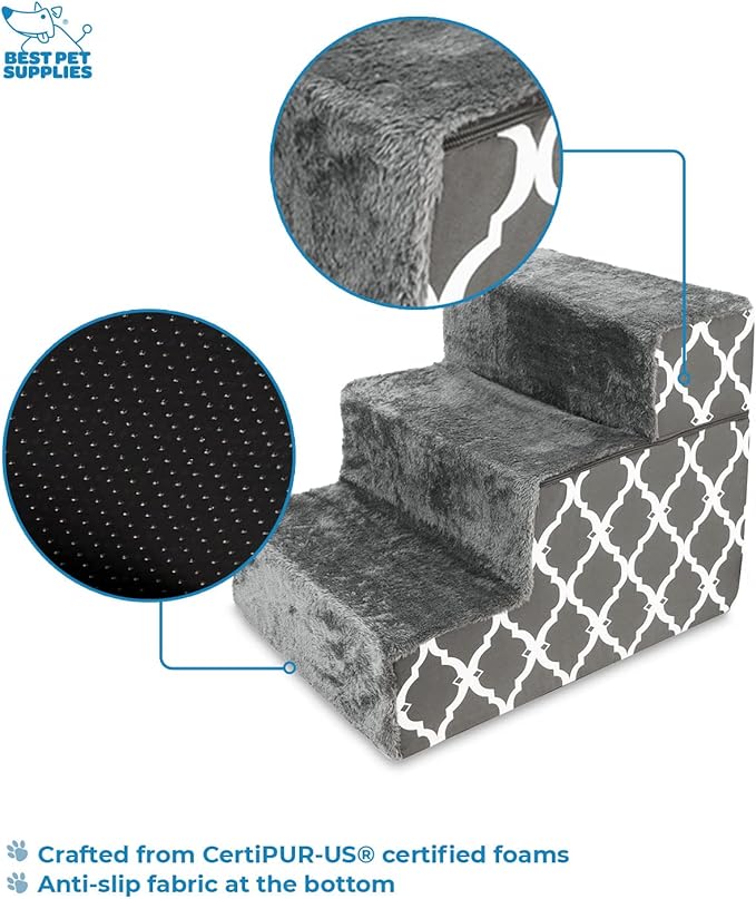 Best Pet Supplies Portable Foldable Foam Pet Stairs/Steps for Couch, Sofa, and High Bed, Non-Slip Bottom Balanced Paw Safe - Gray Lattice Print, Foldable 3-Step (H: 16.5")