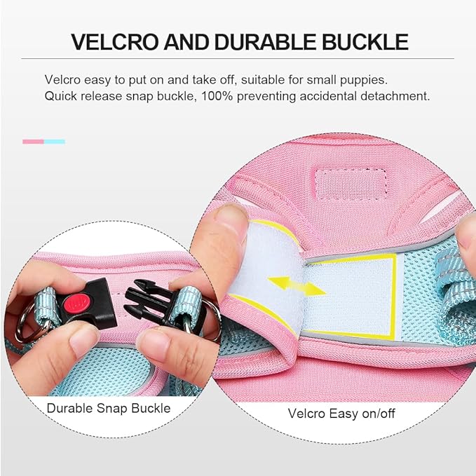 Mercano Soft Mesh Dog Harness and Leash Set, No-Chock Step-in Reflective Breathable Lightweight Easy Walk Escape Proof Vest Harnesses with Safety Buckle for Small Medium Dogs, Cats (XL, Pink Blue)
